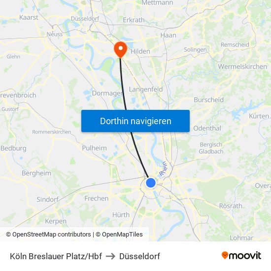 Köln Breslauer Platz/Hbf to Düsseldorf map