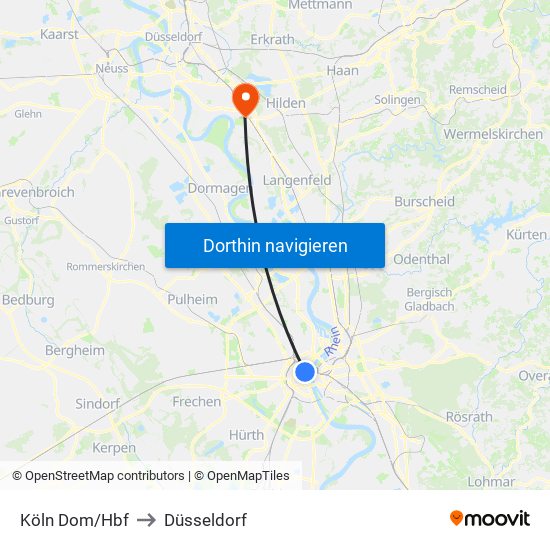 Köln Dom/Hbf to Düsseldorf map