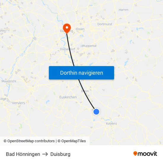 Bad Hönningen to Duisburg map