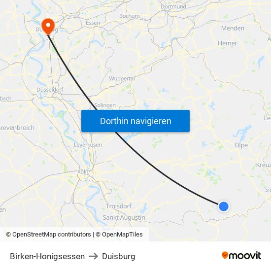 Birken-Honigsessen to Duisburg map