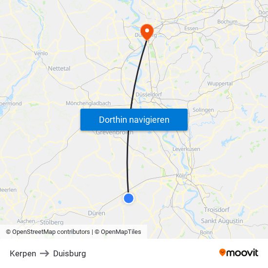 Kerpen to Duisburg map