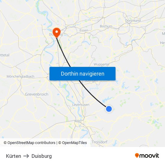 Kürten to Duisburg map