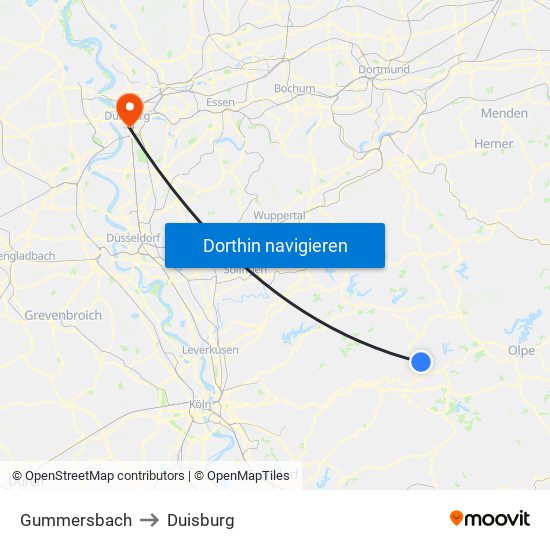 Gummersbach to Duisburg map