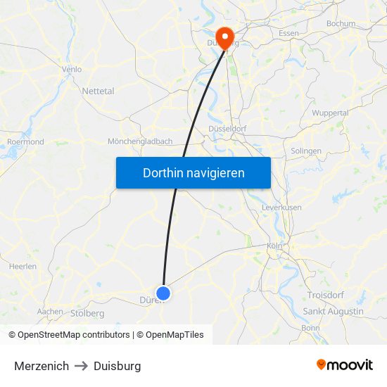 Merzenich to Duisburg map