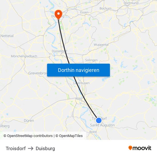 Troisdorf to Duisburg map