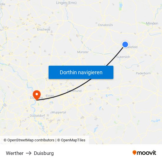 Werther to Duisburg map