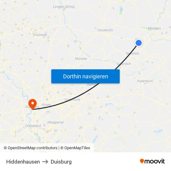 Hiddenhausen to Duisburg map