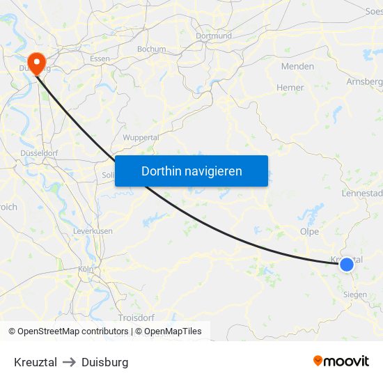 Kreuztal to Duisburg map