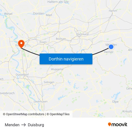 Menden to Duisburg map