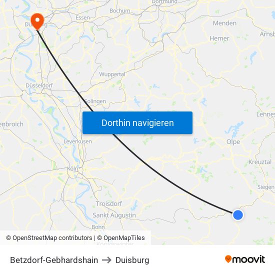 Betzdorf-Gebhardshain to Duisburg map