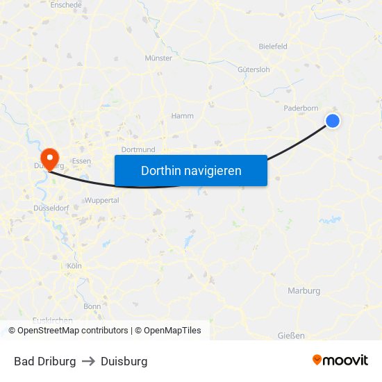 Bad Driburg to Duisburg map