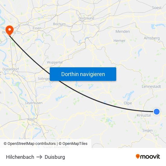 Hilchenbach to Duisburg map