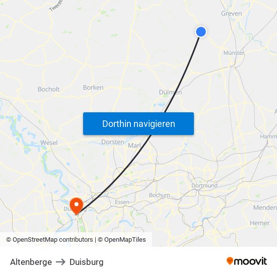 Altenberge to Duisburg map