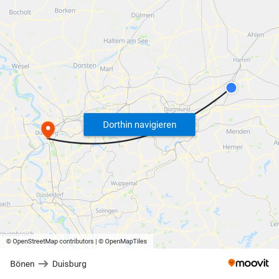 Bönen to Duisburg map
