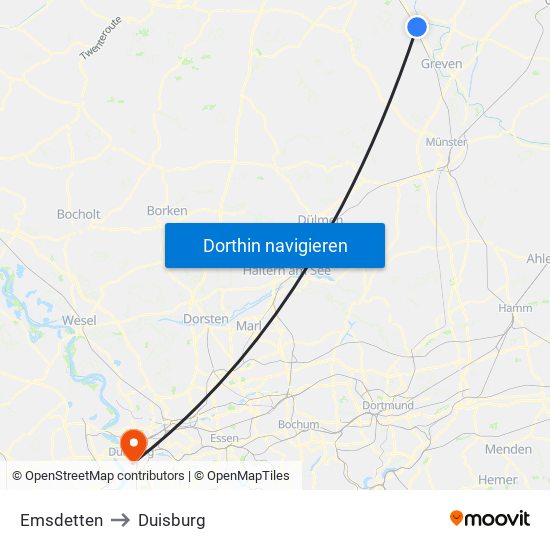 Emsdetten to Duisburg map