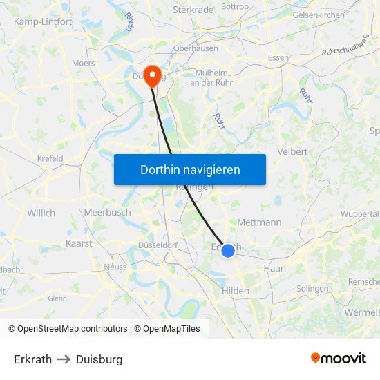 Erkrath to Duisburg map