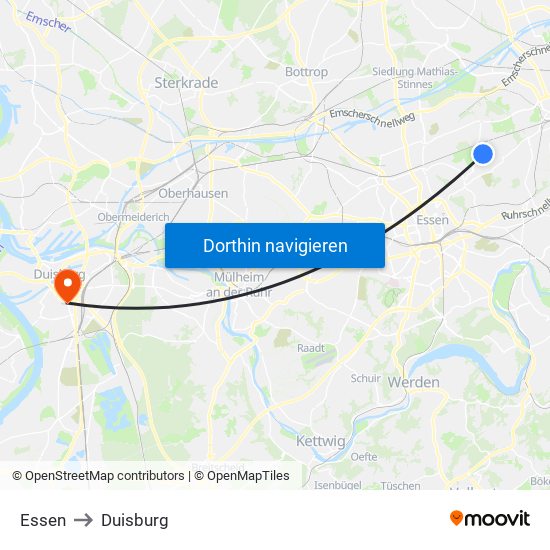 Essen to Duisburg map