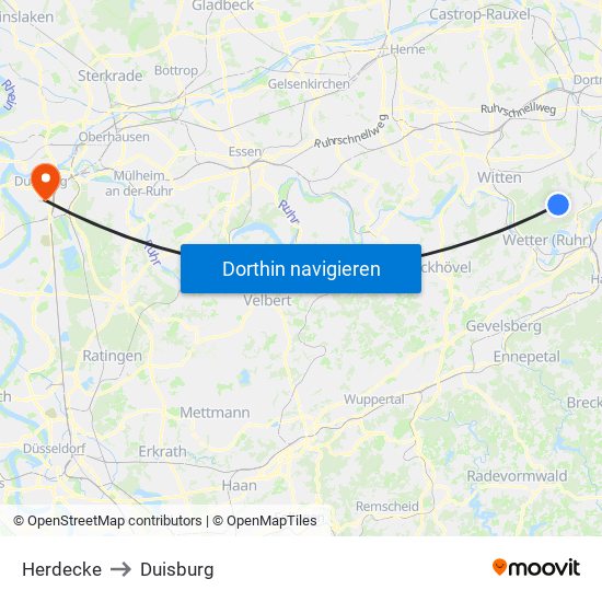 Herdecke to Duisburg map