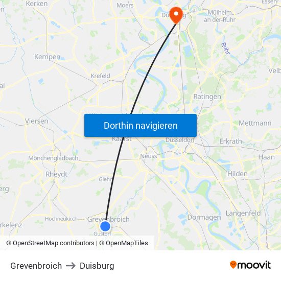 Grevenbroich to Duisburg map