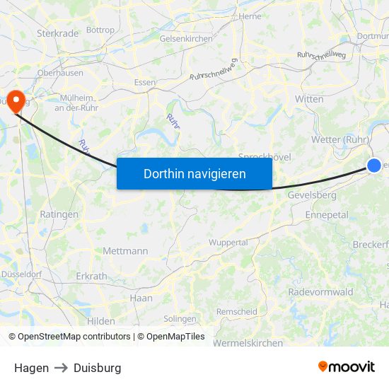 Hagen to Duisburg map