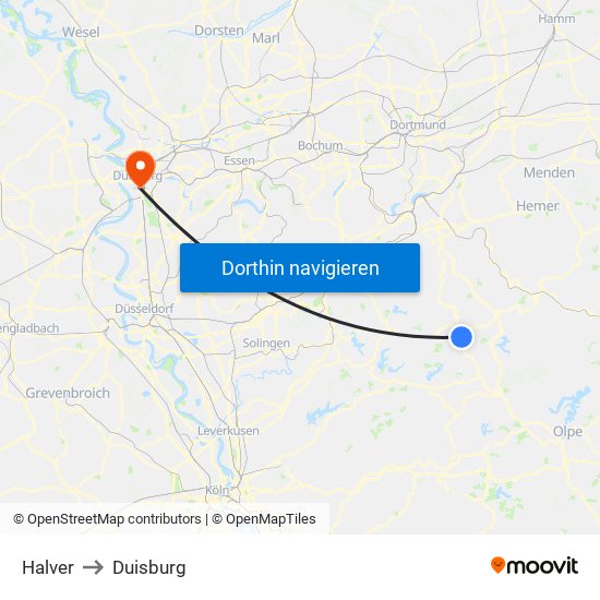 Halver to Duisburg map