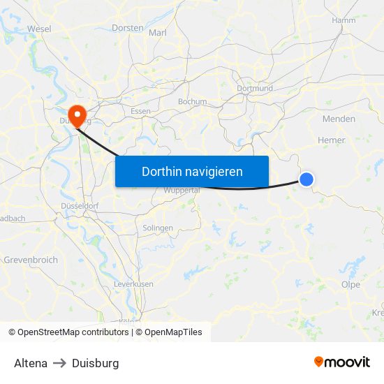 Altena to Duisburg map