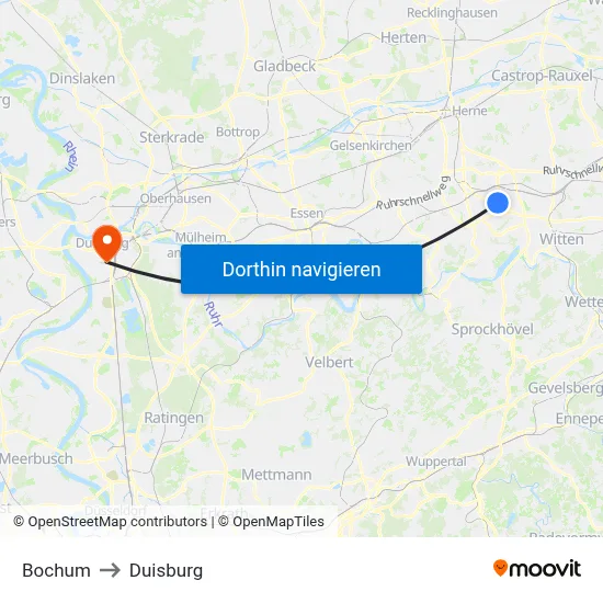 Bochum to Duisburg map