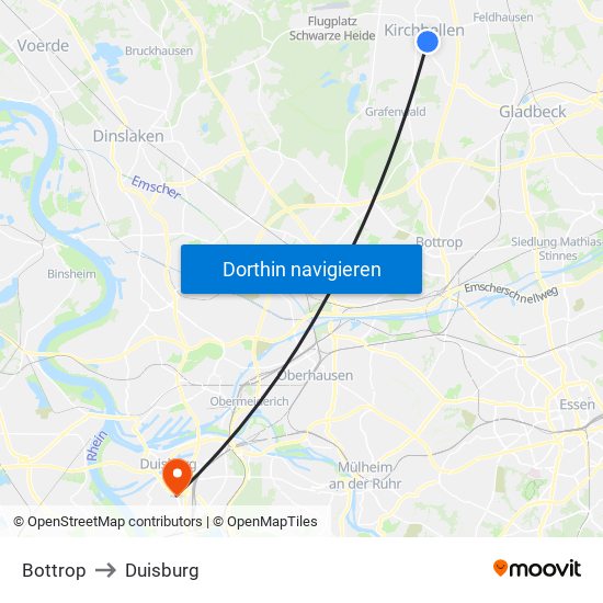 Bottrop to Duisburg map