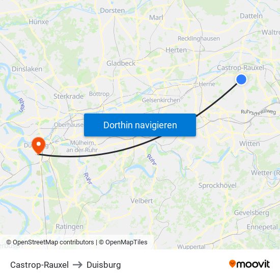 Castrop-Rauxel to Duisburg map
