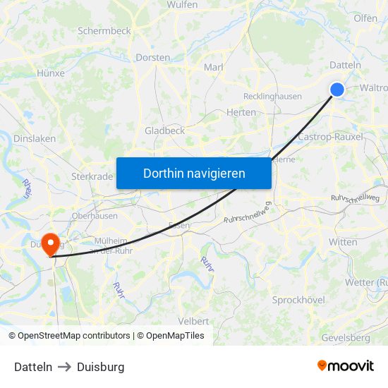 Datteln to Duisburg map