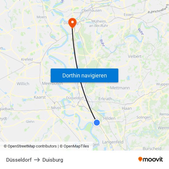 Düsseldorf to Duisburg map