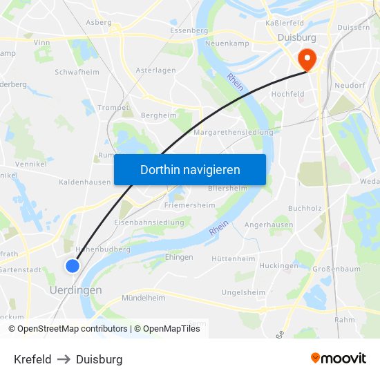 Krefeld to Duisburg map