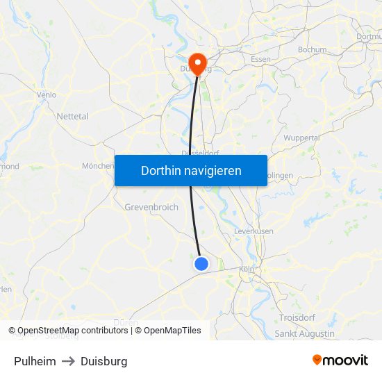 Pulheim to Duisburg map