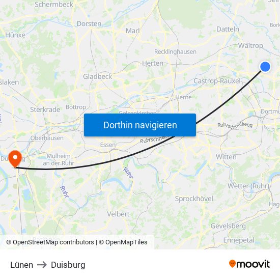 Lünen to Duisburg map