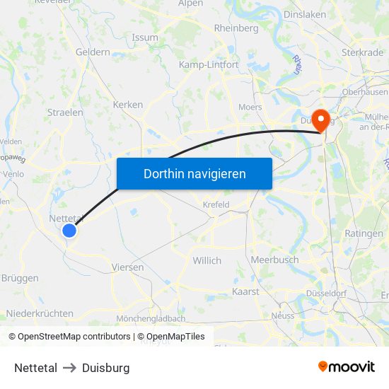 Nettetal to Duisburg map