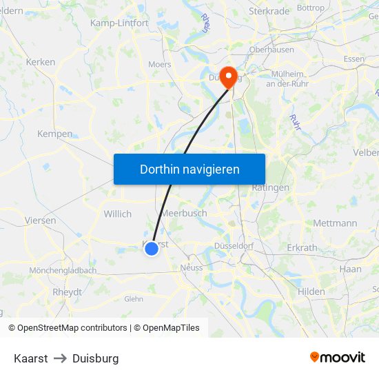 Kaarst to Duisburg map