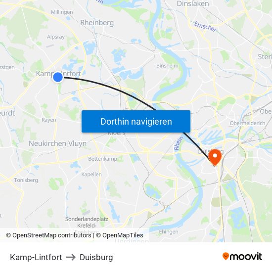 Kamp-Lintfort to Duisburg map