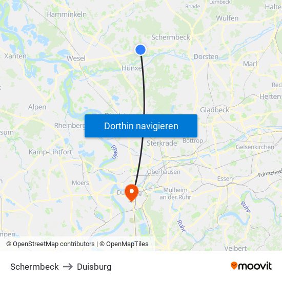 Schermbeck to Duisburg map