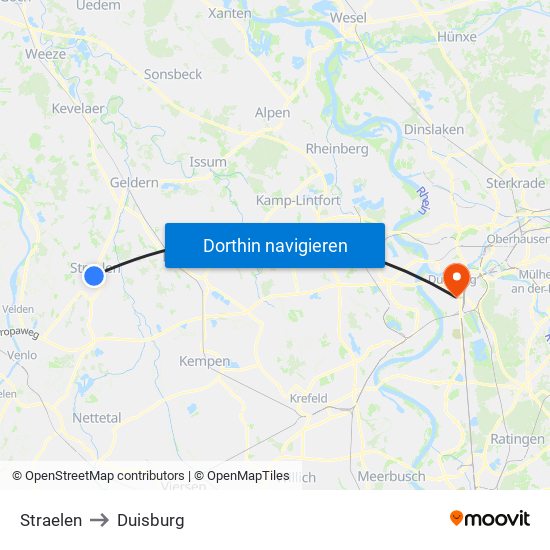 Straelen to Duisburg map