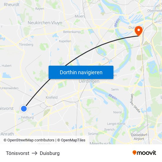 Tönisvorst to Duisburg map