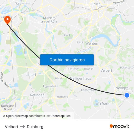 Velbert to Duisburg map