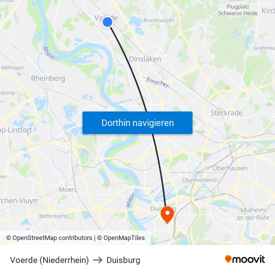 Voerde (Niederrhein) to Duisburg map