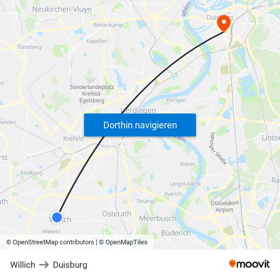 Willich to Duisburg map