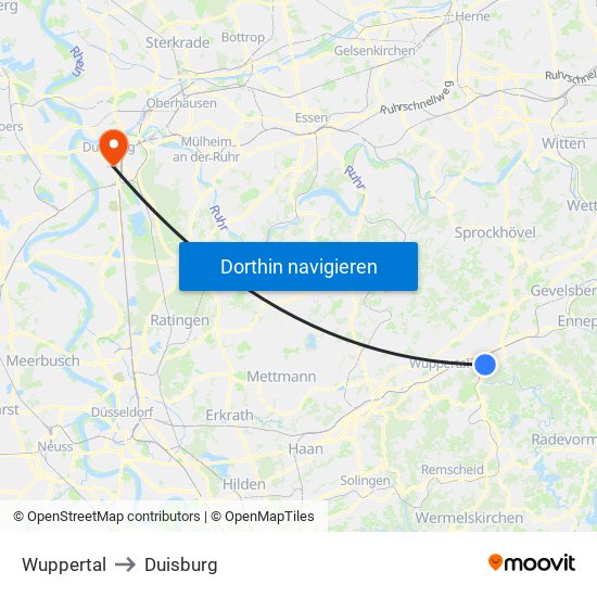 Wuppertal to Duisburg map