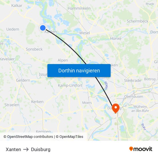 Xanten to Duisburg map