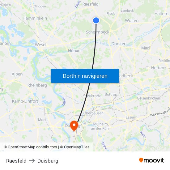 Raesfeld to Duisburg map