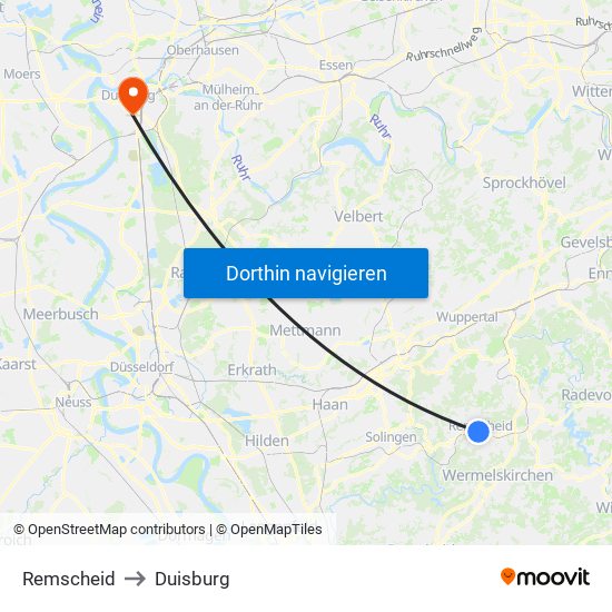 Remscheid to Duisburg map