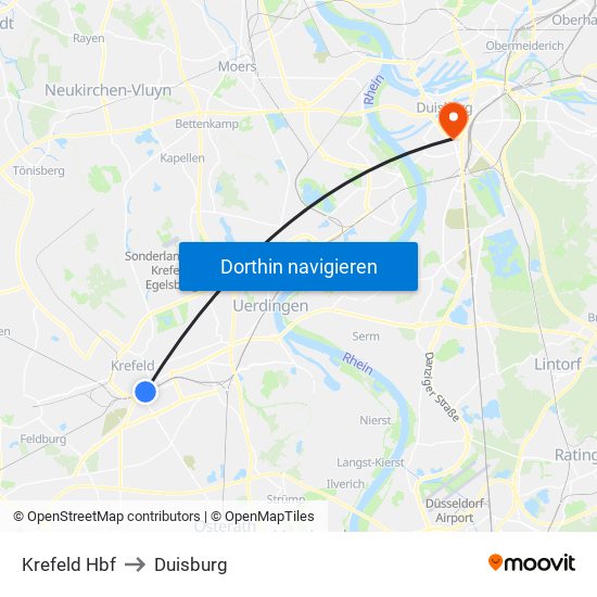 Krefeld Hbf to Duisburg map