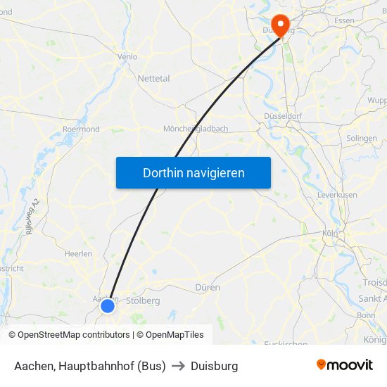 Aachen, Hauptbahnhof (Bus) to Duisburg map