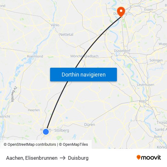 Aachen, Elisenbrunnen to Duisburg map